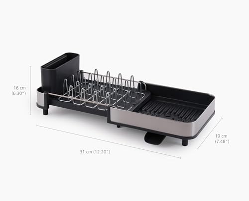 Extend Slim Steel Expandable Dish Drying Rack with Removable Cutlery Holder and Swivel Draining Spout (Slim / Gray)