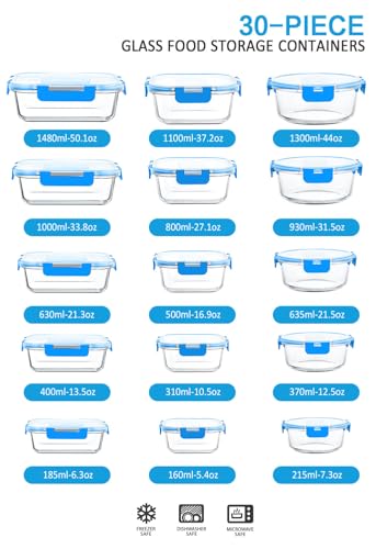 30 Piece Extra Large Glass Food Storage Containers with Lids (Blue)