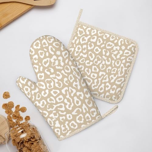 Oven Mitts Pot Holders Set Leopard Pattern Silicone Kitchen Gloves Potholders Heat Resistant for Chef Baking Cooking Grilling BBQ 4 Pack Mitt (B0113)