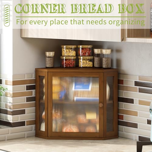 Corner Bread Box for Kitchen Countertop Double Layer Bamboo Wooden Bread box Large Capacity Bread Storage Bin (Brown / Medium)