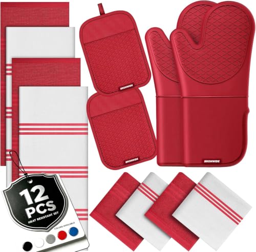 Silicone Oven Mitts and Pot Holders with Kitchen Towels and Dishcloths Sets (Red)