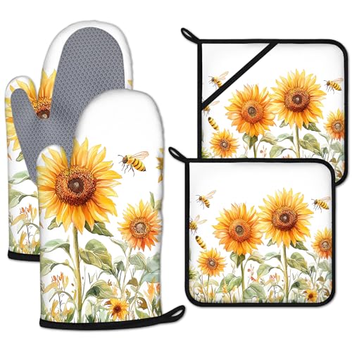 Oven Mitts and Pot Holders Sets Heat Resistant 4Pcs Potholders Oven Gloves Hot Pads for Kitchen Baking Cooking Grilling BBQ