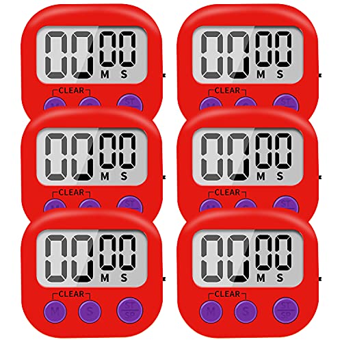 6 Pack Small Digital Kitchen Timer Magnetic Back and ON (Red)