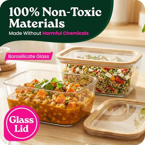 Large Glass Food Storage Containers with Glass Lids & Bamboo Rim (87.7 Fl Oz)