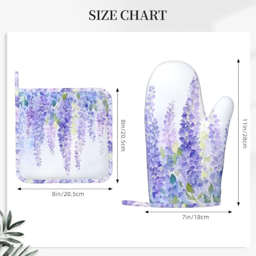 Oven Mitts and Pot Holders Set Lavender Flower Floral Silicone Kitchen Accessories 4 Piece Heat Resistant Long Gloves Potholder Non (C08)
