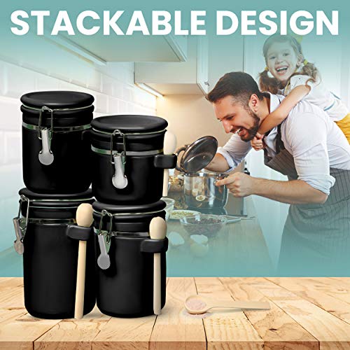 4 Piece Ceramic Kitchen Canisters Set Airtight Containers with Wooden Spoons For Sugar