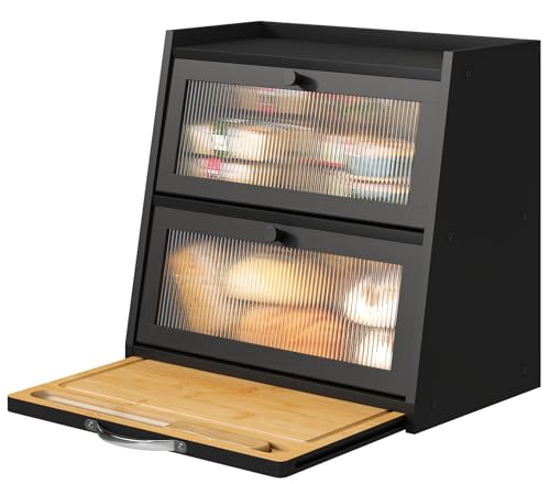 Bread Box for Kitchen Counter (Black With Cutting Board)