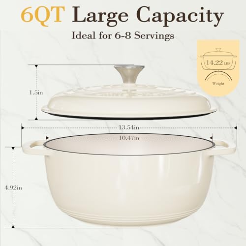 6QT Enameled Cast Iron Dutch Oven with Lid (Cream White)