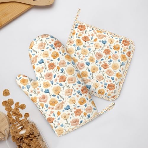 Oven Mitts Pot Holders Set Flower Pattern Vintage Silicone Kitchen Gloves Potholders Heat Resistant for Chef Baking Cooking Grilling BBQ 4 Pack Mitt (B0111)