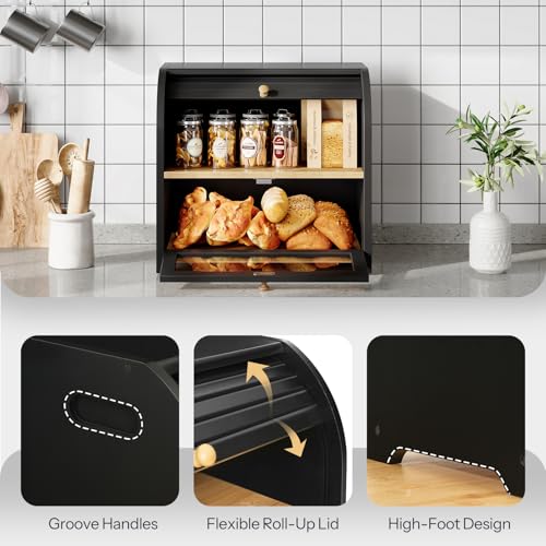 Bread Box Bamboo Bread Box for Kitchen Countertop (Black)