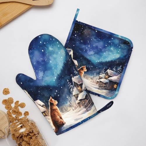 Oven Mitts and Pot Holders Set Winter Dog Christmas Snow Silicone Kitchen Accessories 4 Piece Heat Resistant Long Gloves Potholder Non (C06)
