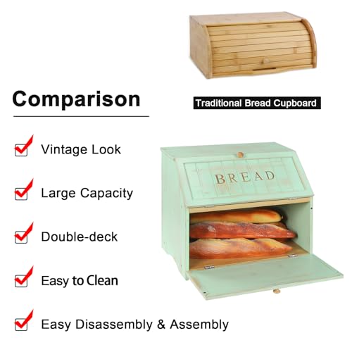 Retro Double Layer Large Bread Box for Kitchen Counter (Mint Green)