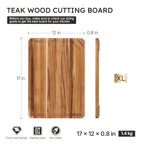 17" Teak Wood Cutting Boards for Kitchen Wooden Chopping Board Non Slip (17"L x 12"W)