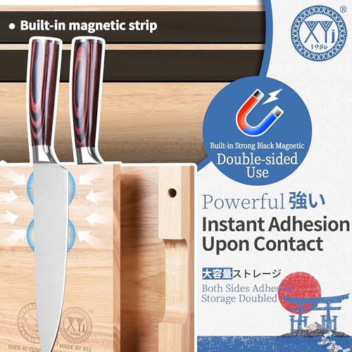 3-in-1 Wooden Magnetic Knife Block Set ・Powerful Magnet Knife Holder + 2 Chopping Boards, Space-Saving Countertop Organizer, Kitchen Cutlery Display Stand without Knives (light wood color / 16.5*8.5 inch with board)
