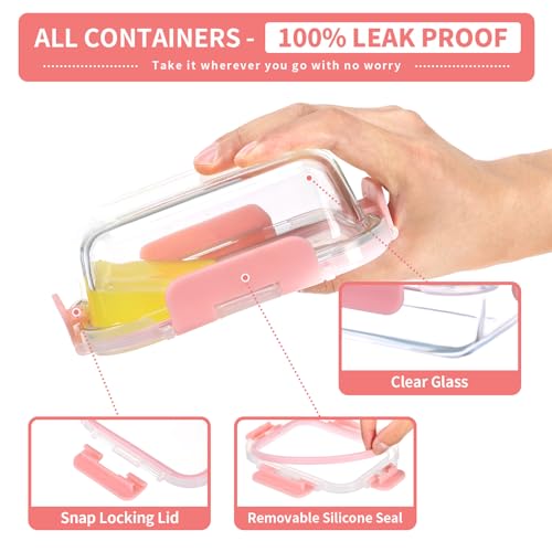 12-Pack, 22oz Glass Meal Prep Containers with Lids, Pink Set (22oz, 12 Pack - Pink Set, Same Size)