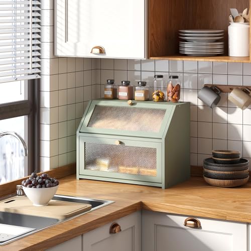 Bread Box for Kitchen Countertop Bin Double Layer Bread Box Storage Container Extra Large Capacity Farmhouse with Diamond Pattern Windows (Green / Large)