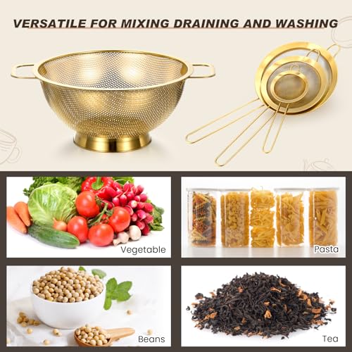 Stainless Steel Gold Colander and 3 Pcs Gold Fine Mesh Strainer