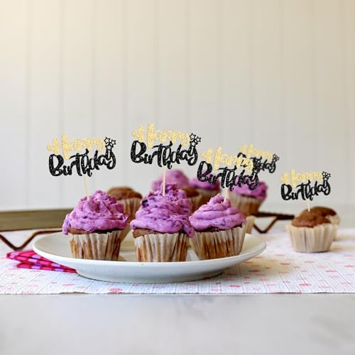 24Pcs Happy Cupcake Toppers Double Layer Glitter Cake Decorations for Baby Shower Kids Boys Girls Birthday Anniversary Party Supplies Pink Light Pink
