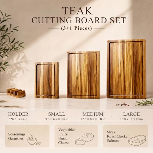 Teak Wood Cutting Board for Kitchen with Storage Stand (Teak brown / 3-Piece Cutting Board Set with Stand)
