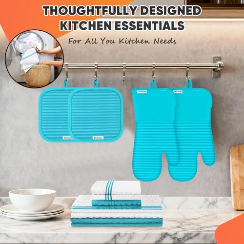 Oven Mitts Kitchen Towels and Dishcloths with Pot Holders Sets (Lake Blue)