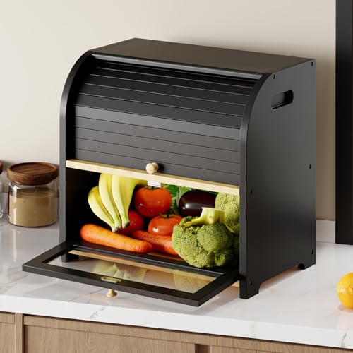 Bread Box Bamboo Bread Box for Kitchen Countertop (Black)