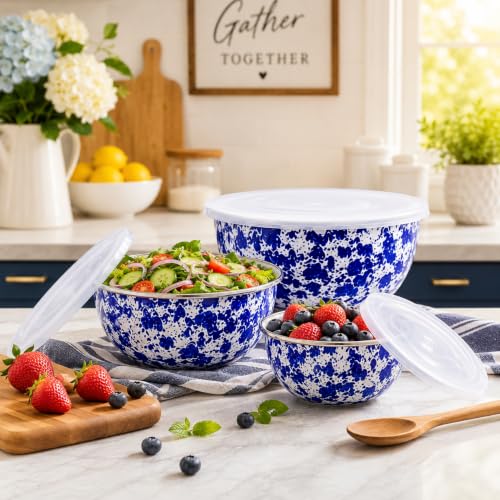 Enamelware Nested Mixing Bowls with Lids (Set of 3 - 3, 3.5 & 4.5 quarts / Cobalt Swirl)