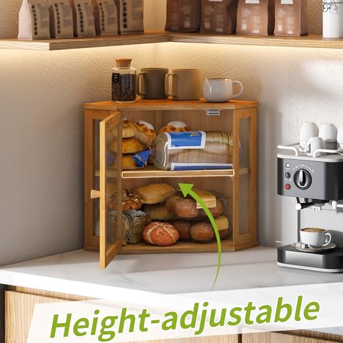 Corner Bread Box for Kitchen Countertop Double Layer Bamboo Wooden Bread box Large Capacity Bread Storage Bin (Natural / Medium)