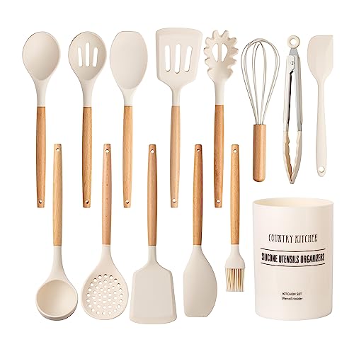 Non Stick Silicone Utensil Set with Rounded Wood Handles for Cooking and Baking (14 Piece Set / Khaki)