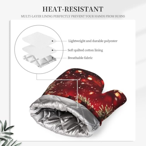 Oven Mitts and Pot Holders Set Red Christmas Ball Glitter Silicone Kitchen Accessories 4 Piece Heat Resistant Long Gloves Potholder Non (C11)