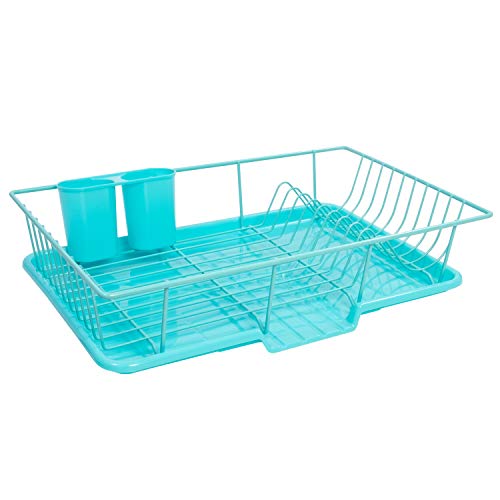 Dish Rack Drainer with Drying Board and Utensil Holder (Turquoise)