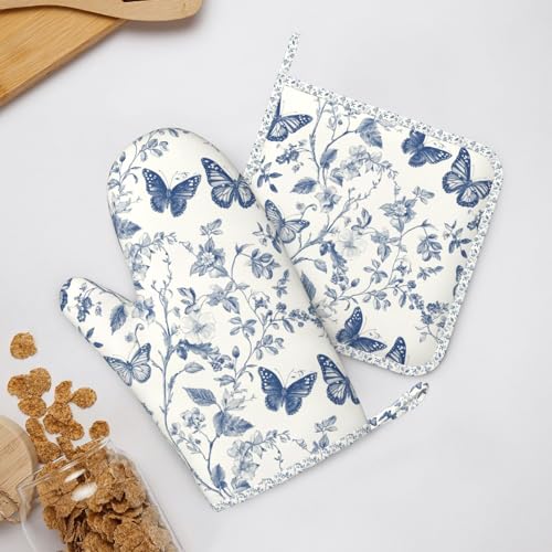 Oven Mitts and Pot Holders Butterfly Flower Vintage Blue Silicone Kitchen Accessories Set of 4 Heat Resistant Long Gloves Potholder Non (A066421)