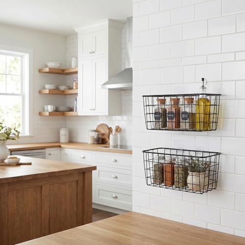Adhesive Sturdy Small Wire Storage Baskets with Kitchen Food Pantry Bathroom Shelf Storage No Drilling Wall Mounted