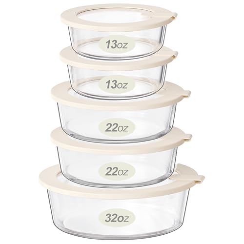 Glass Food Storage Containers with Glass Lids (Ivory White -5p)