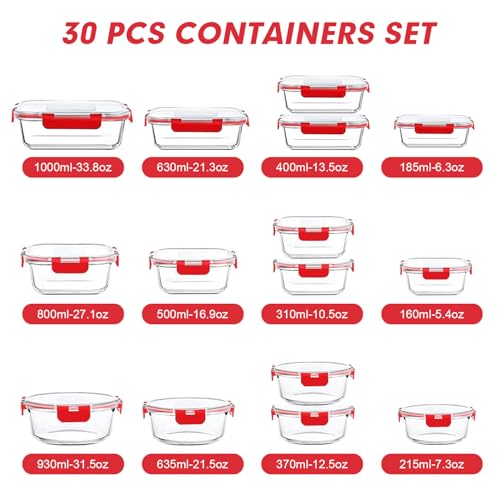 30 Pieces Glass Food Storage Containers Set with Lids (Red / 30 Pieces)