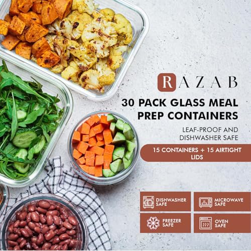 30 PC Glass Food Storage Containers with Lids (Blue)