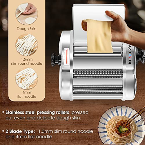 Electric Pasta Maker Noodle Maker Pasta Making Machine Dough Roller Cutter Thickness Adjustable Stainless Steel US 110V for Family Use 2 Blades Type (1.5mm Round+4mm Flat Noodle)
