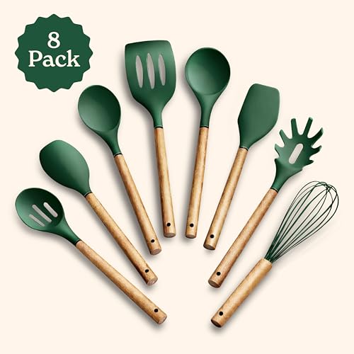 Non Stick Silicone Utensil Set with Rounded Wood Handles for Cooking and Baking (8 Piece Set / Green)