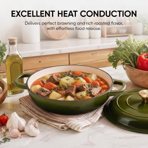 Dutch Oven Enameled Cast Iron with Lid (Golden Green / 3 QT（Shallow Pot）)