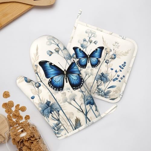 Oven Mitts and Pot Holders Butterfly Blue Flower Boho Silicone Kitchen Accessories Set of 4 Heat Resistant Long Gloves Potholder Non (A064)