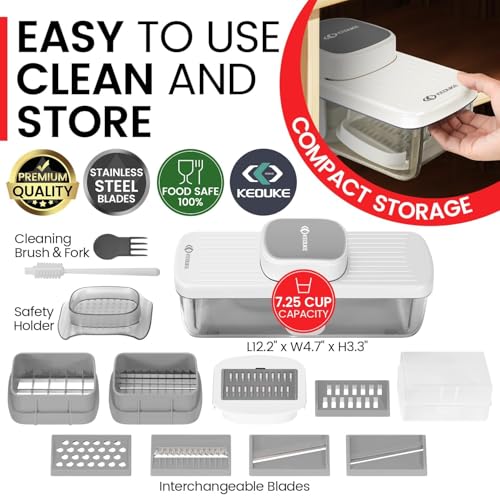 8-in-1 Vertical Vegetable Chopper Mandoline Slicer with Container White - Safe Tap Out Dicer with Hand Guard for Kitchen Easy Food Prep, Onion Potato Veggie Fruit (White)