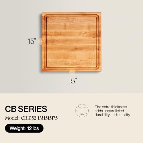 Block CB1052 1M1515175 Maple Wood Square Cutting Board with Juice Groove (Medium Brown / 15"L x 15"W)