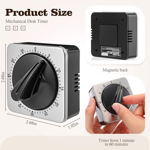 4 Pack Mechanical Kitchen Timer for Chef Cooking Countdown Reminder 60 Minute Wind up Magnetic Stainless Steel Loud Alarm No Batteries Desk Timer for Sport Home Office