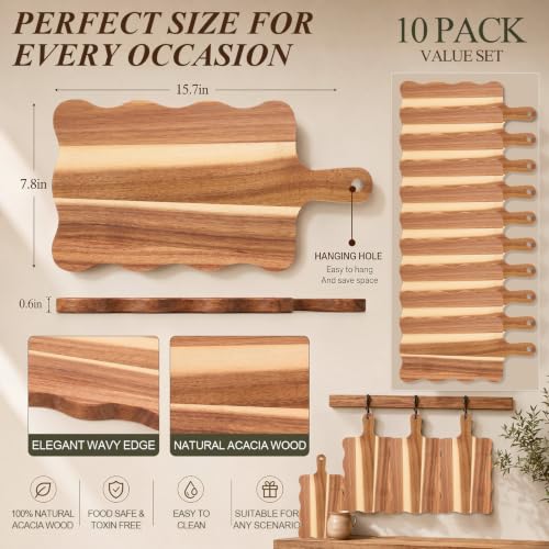 10 Pcs Acacia Wood Cutting Board Set with Handle 15.7 x 7.8 Inch