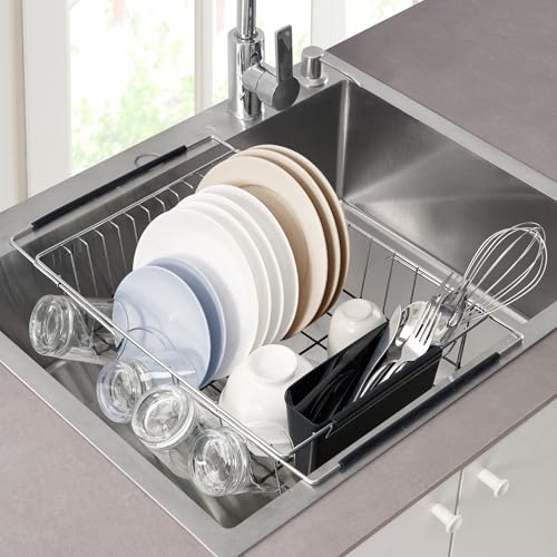 Dish Drying Rack Over The Sink Expandable to 24.5" Dish Drainer (Black / 15.75" x 12" x 5")