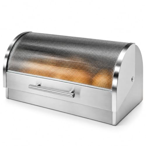 Stainless Steel Roll Top Bread Box for Kitchen Countertop with Tempered Glass Lid (15.25 x 8.25 x 8.25 inches / Roll top with Tempered Glass Lid)