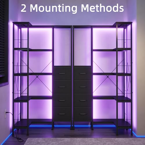 Corner Bookshelf with LED Light Strips & 4 Fabric Drawers