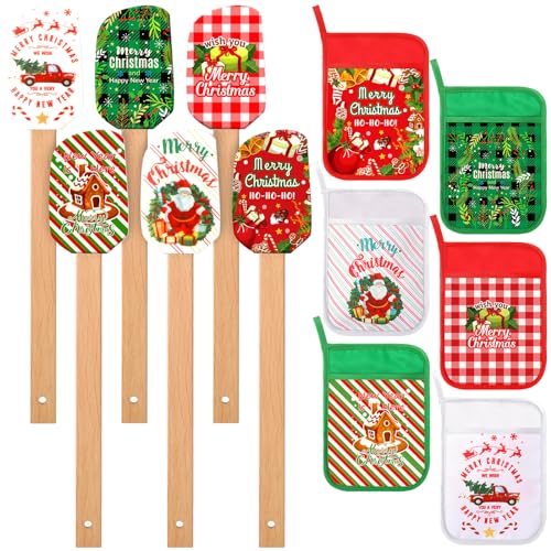 12 Pcs Christmas Silicone Spatulas Pot Holders Set Heat Resistant Pot Holders with Pocket Baking Gifts for Christmas Gift Party Supplies (Fresh Christmas Style)