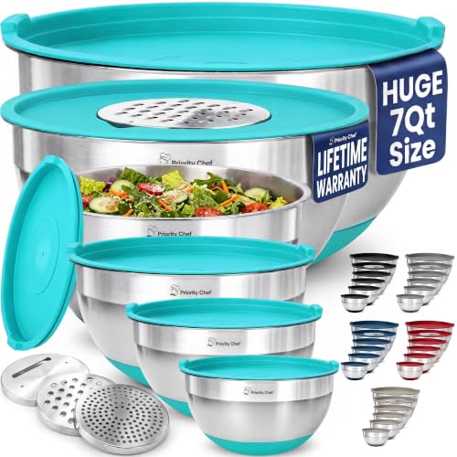 PriorityChef 6pc Stainless Steel Mixing Bowls with Lids Set (Turquoise)