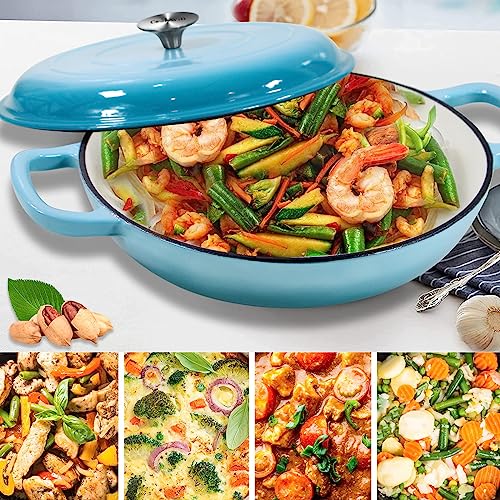 3.8 Quart Enameled Cast Iron Braiser Pan with Lid (Light Blue / 3.8QT)