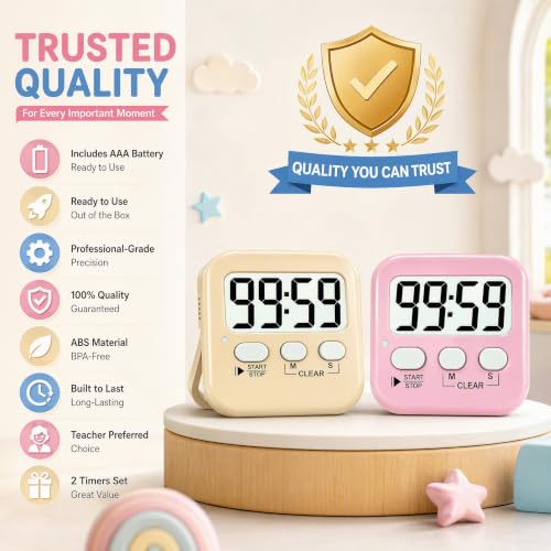 2 Pack Digital Timer for Kids Classroom Kitchen Timers for Cooking (2 * Lovely Pink + Light Peach)